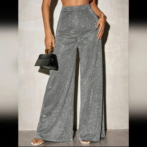 Women Casual High Waist Wide Leg Shiny Knit Long Pants